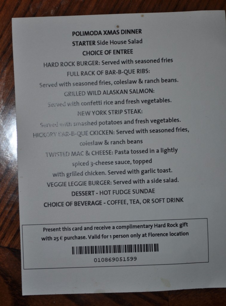 Hard Rock Cafe Christmas Party Menu