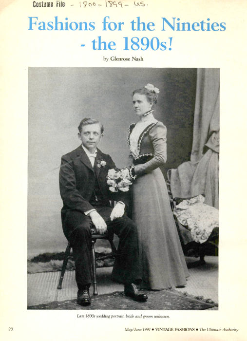 Bridal couple from early 1890s in Vintage Fashions magazine in the 1990s