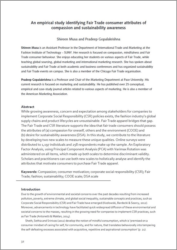 Photo of the first page of journal article titled "An empirical study identifying Fair Trade consumer attributes of compassion and sustainability awareness."