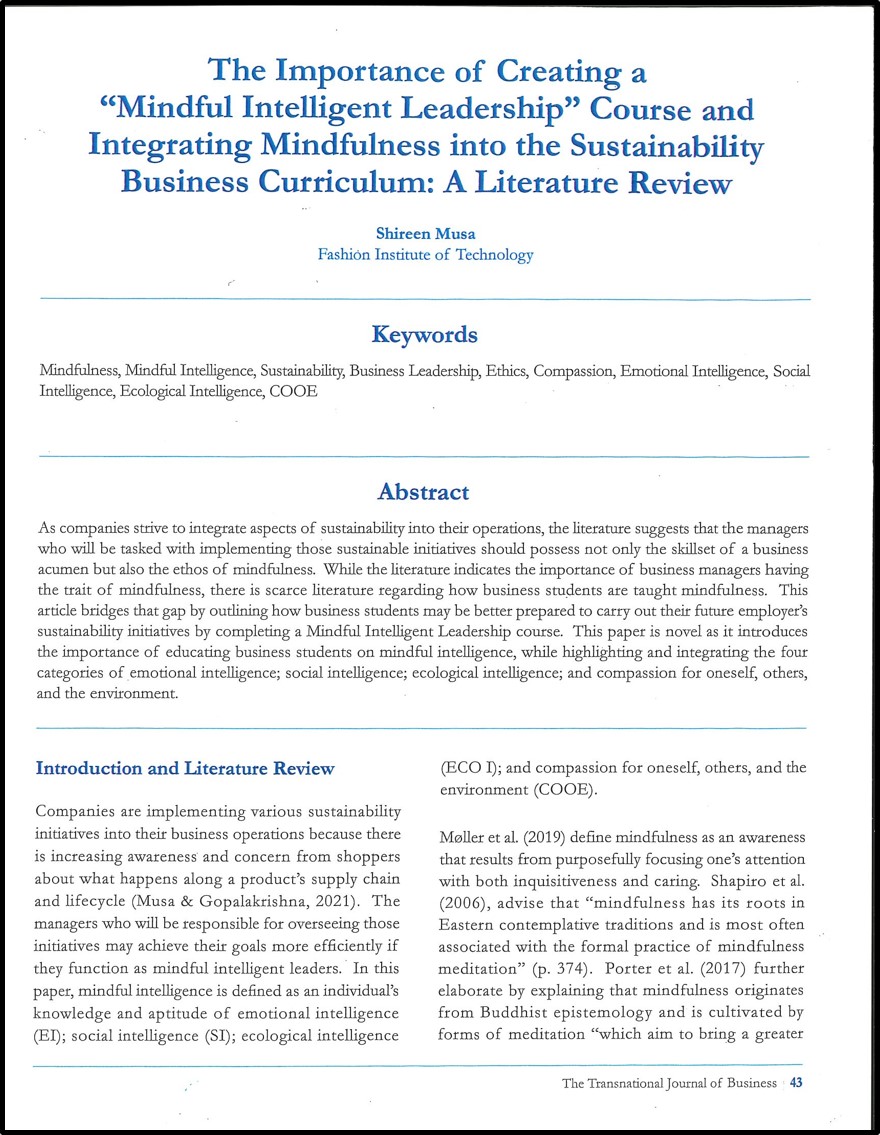 This is the first page of the article titled The Importance of Creating a Mindful Intelligent Leadership Course and Integrating Mindfulness into the Sustainability Business Curriculum A Literature Review
