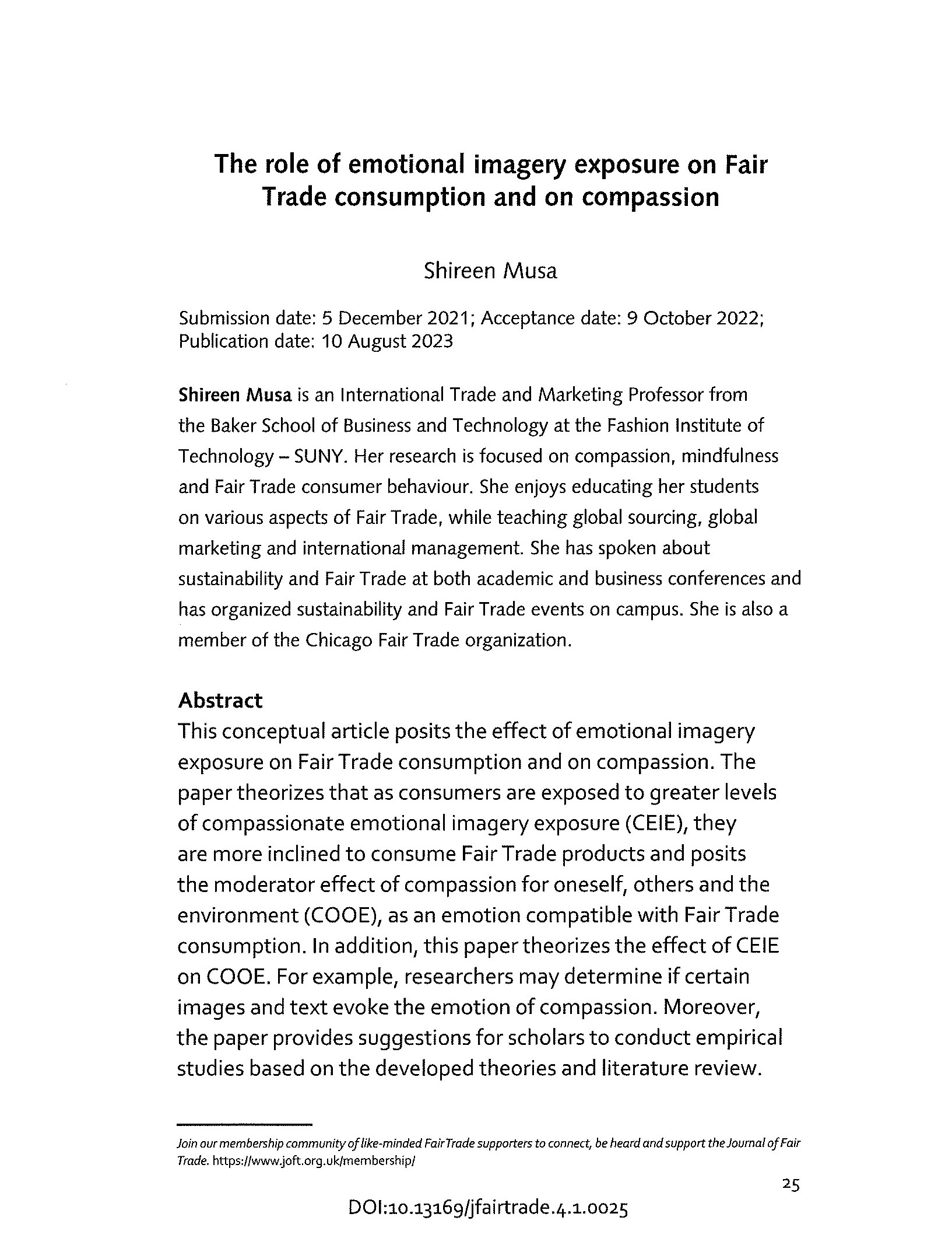 This is the first page of the article titled The Role of Emotional Imagery Exposure on Fair Trade Consumption and on Compassion 