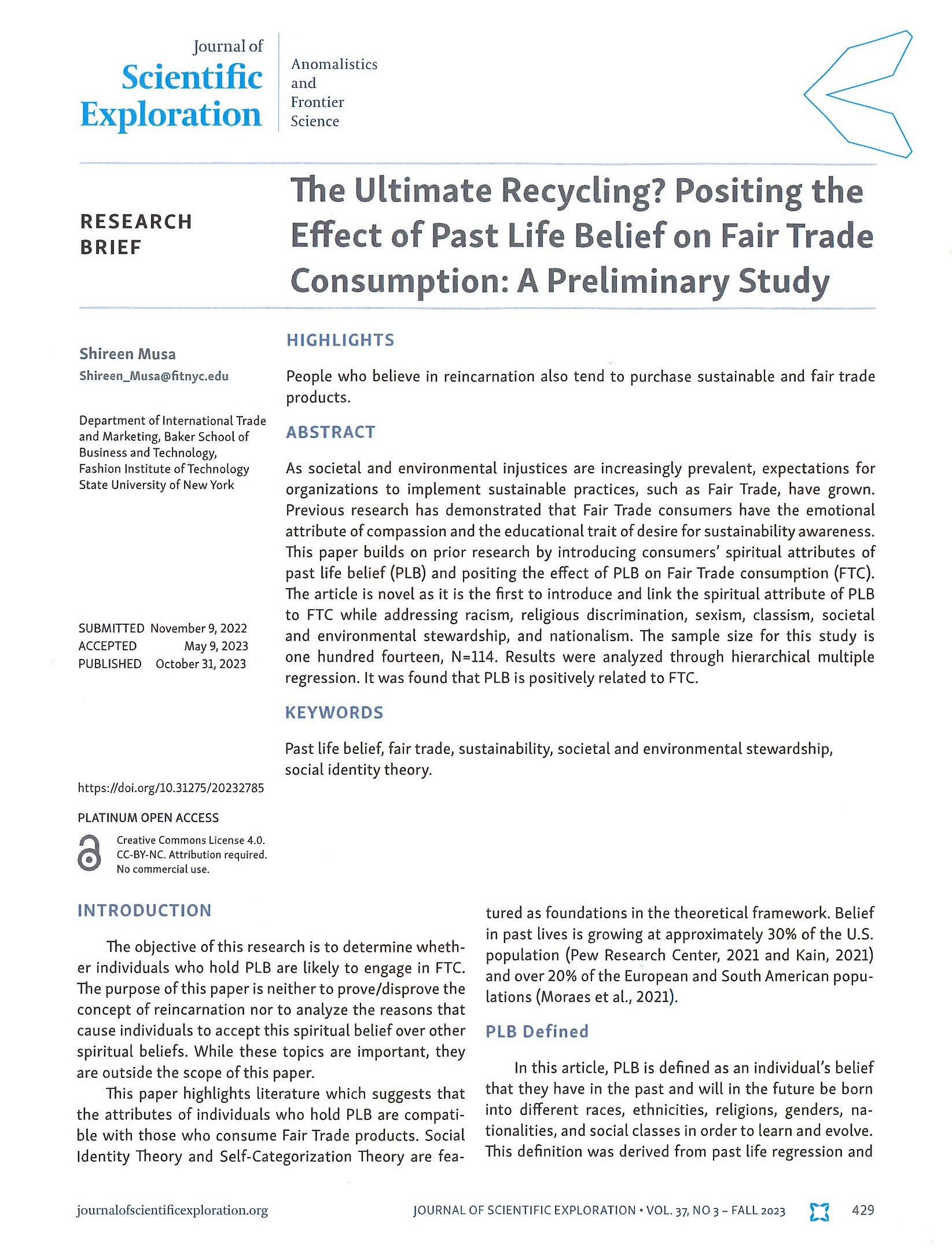This is the first page of the article titled The Ultimate Recycling? Positing the Effect of Past Life Belief on Fair Trade Consumption – A Preliminary Study. 