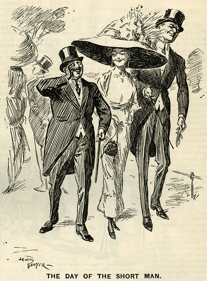 "The day of the Short Man" Satirical drawing from a 1910 issue of Punch showing a woman wearing an extremely large fashionable hat smiling at a short man while her hat hits a tall man in the face.