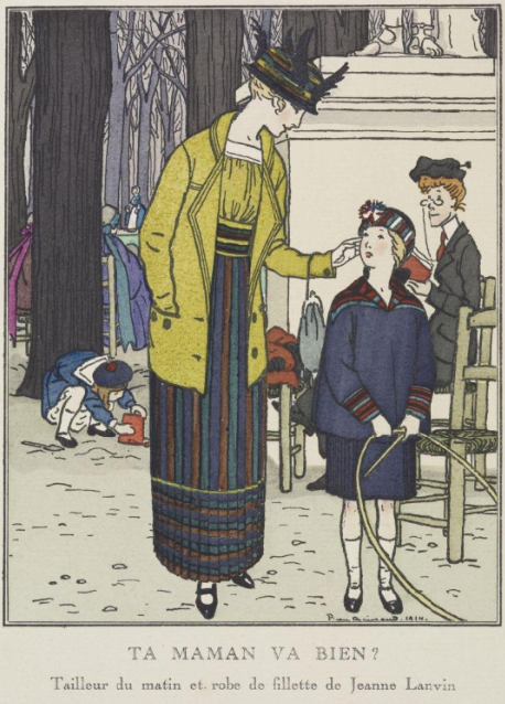 Illustration of a woman wearing a yellow jacket and striped skirt with a child wearing a blue play ensemble.