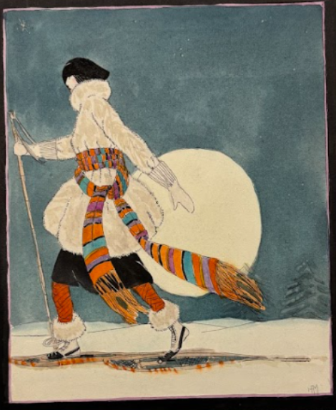color study for The Designer magazine depicting a woman in skis, wearing a puffy white coat and a very long striped scarf around her waist.