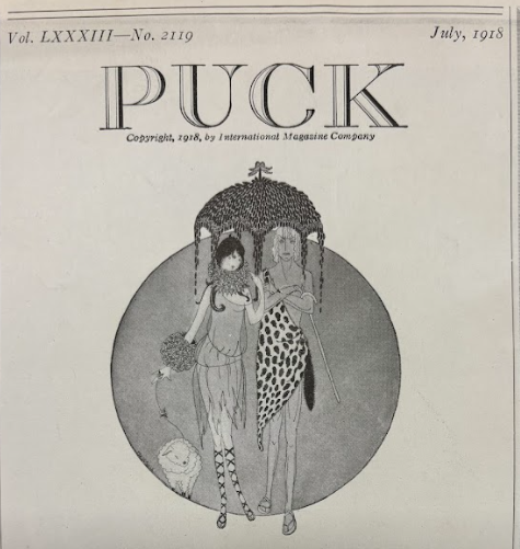 Editor's page, cropped, of Puck magazine from 1918 depicting a cartoon of women dressed in animal print dresses, carrying a strange parasol, leading a sheep on a leash.