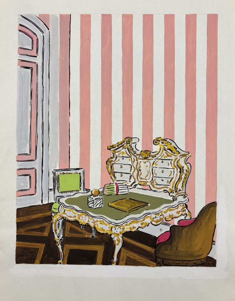 Painting of an interior with pink and white striped walls and a secretary table with two chairs.
