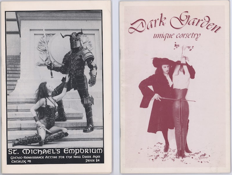 Covers of two clothing catalogs, one titled St. Michael's Emporium depicting a woman wearing a leather one-piece looking up at a figure in armor holding a sword, and the other titled Dark Garden Unique Corsetry depicting a man in 17th century attire with a woman wearing a long tight fitting gown. He is running a cello bow along her back.