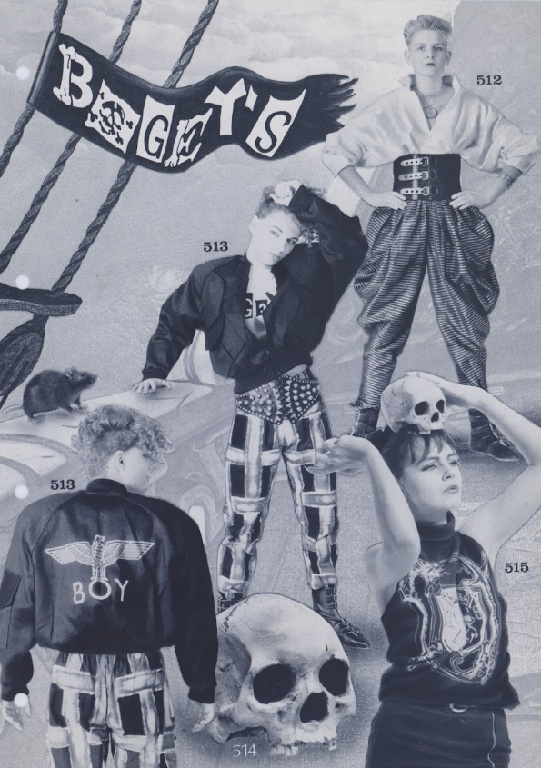 page from a clothing catalog called Bogey's depicting four people wearing 1980s post-punk attire with pirate imagery and a skull. One person is wearing a Boy brand jacket. The outfits are each numbered.