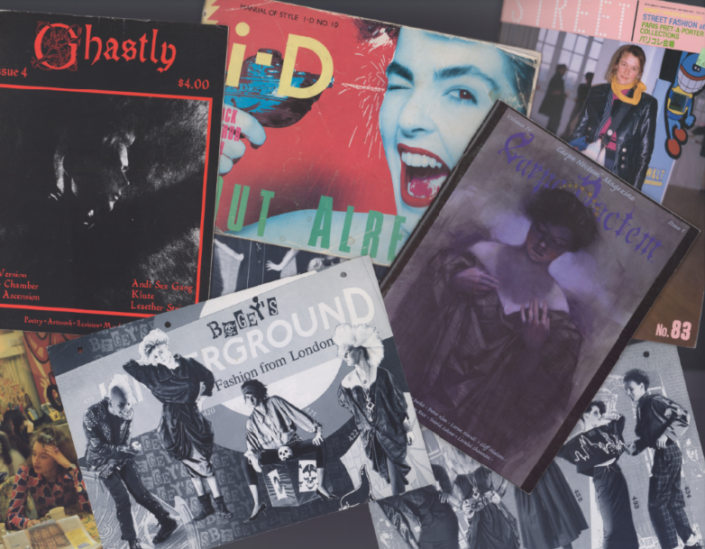 Several magazines and catalogs, including Ghastly, i-D, Carpe Noctem, Street, and Bogey's, piled on top of each other