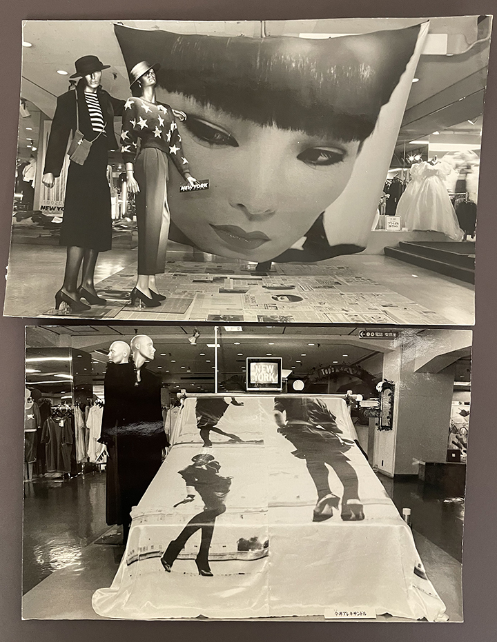 Two black and white photographs of in store displays featuring mannequins posed next to oversized images of Japanese female models