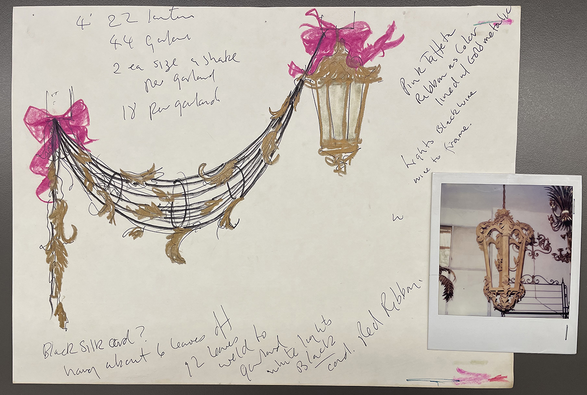 Painted sketch by Colin Birch of a gold hanging lantern and swag with pink bows, with extensive handwritten notations and attached Polaroid of actual lantern.