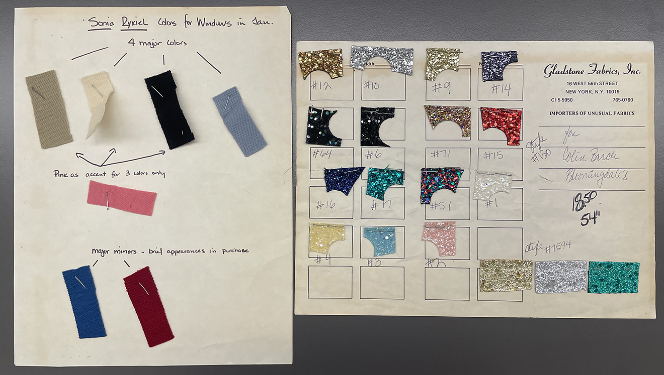 Two sheets of paper with labeled, multicolored textile samples attached to them with handwritten notations