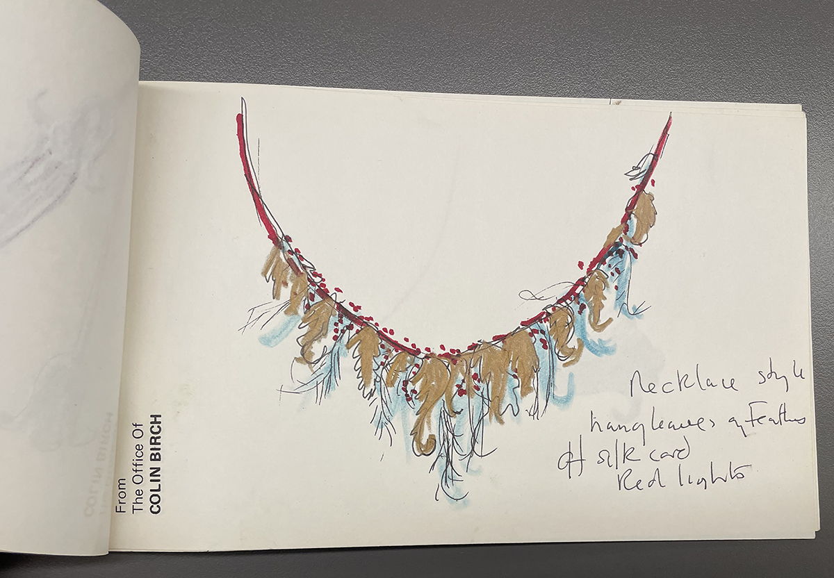Painted sketch by Colin Birch of a gold and ice blue holiday garland with notations, on letterhead notepad