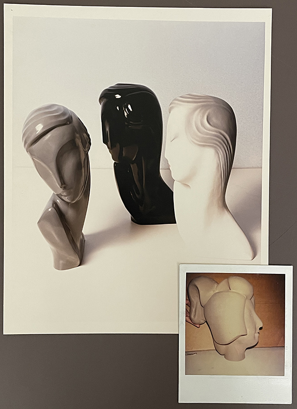 Two photographs, one showing a trio of abstract Art Deco style female mannequin heads, the other a Polaroid of a similar sculpted head in profile.