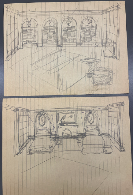 Two loose pages of rough pen and pencil sketches of residential interiors created by Colin Birch