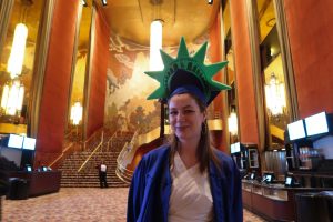 student wearing statue of liberty crown