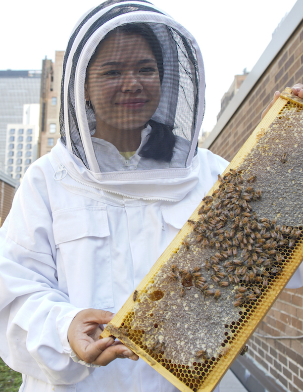 student holding a bee hive frame