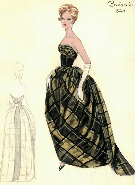Balmain fashion plate for Bergdorf Goodman, Fall 1960. FIT Special Collections and Archives.