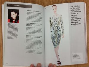 Spread with designer profile and dress example from Sewing Techniques