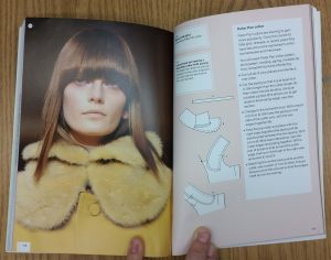 Spread of model wearing fur collar and collar patterning technique from Sewing Techniques