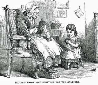 Civil War era cartoon about knitting for soldiers