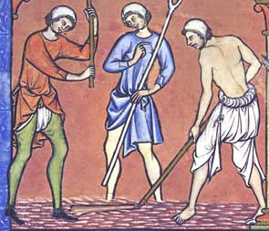 3 men working in the fields, 1 stripped to his linen underwear. From Crusader Bible