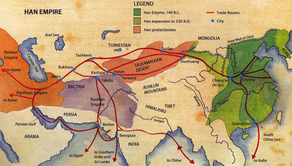 Map showing ancient trade routes from Europe and the Middle East to China