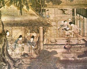 Court ladies reeling silk and weaving it on a complex loom