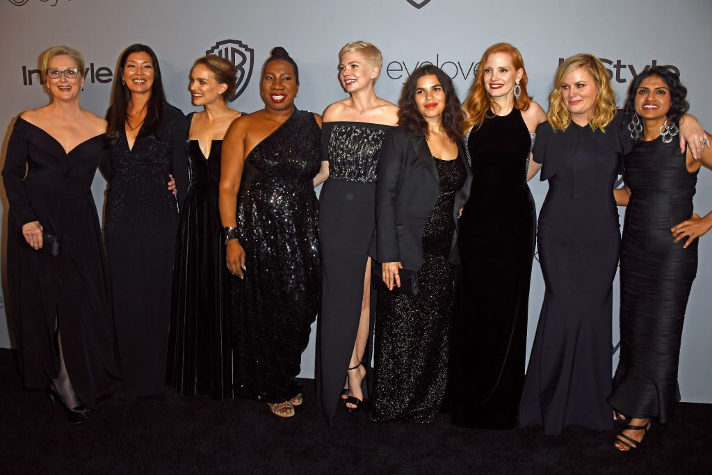 Celebrity women in black dresses award show #METOO