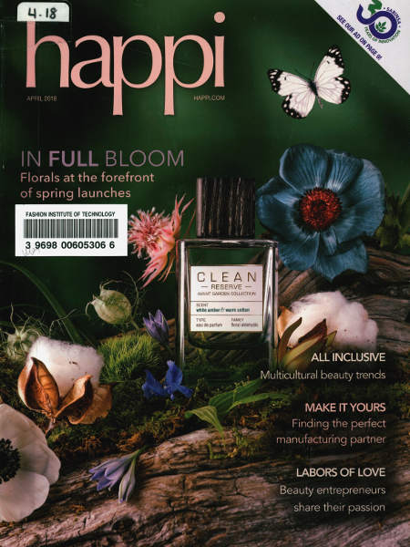 Cover of HAPPI magazine showing botanicals as spring product launches