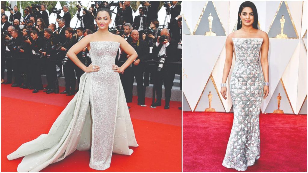 Aishwarya Rai Bachchan on a Cannes red carpet 2018 (left) and Priyanka Chopra on the Oscars red carpet 2017 (right)