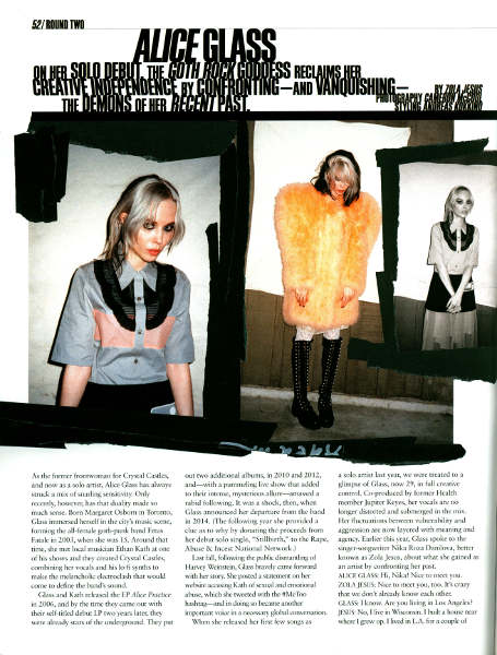 Page from Interview magazine showing article on musician Alice Glass