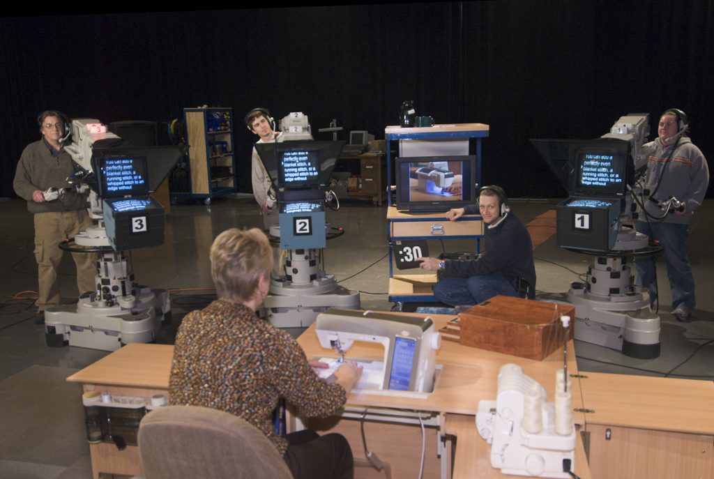 Nancy Zieman's view of TV cameras from her studio workspace
