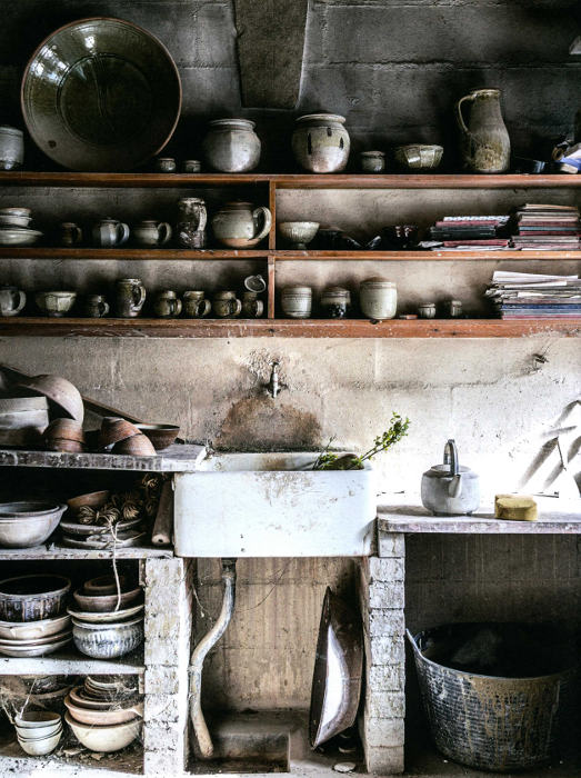 Shelves in a ceramics workshop