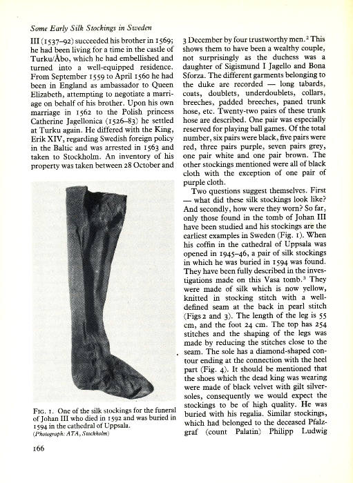 Article detailing knitting structure of stockings belonging to Johan III of Sweden, c. 1592