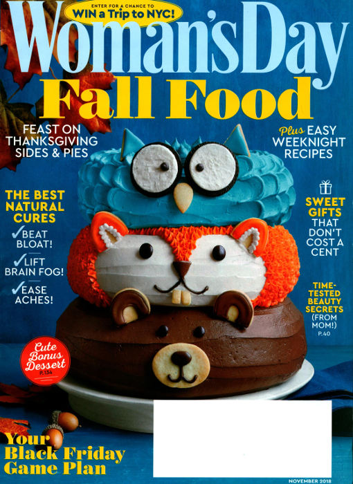 Woman's Day magazine cover featuring cake decorated as animals