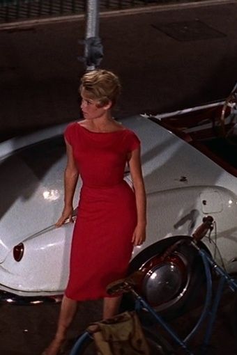 Brigitte Bardot in form-fitting red dress from "...And God Created Woman", 1956
