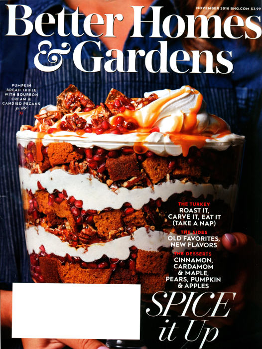 Better Homes & Gardens magazine cover featuring pumpkin bread trifle