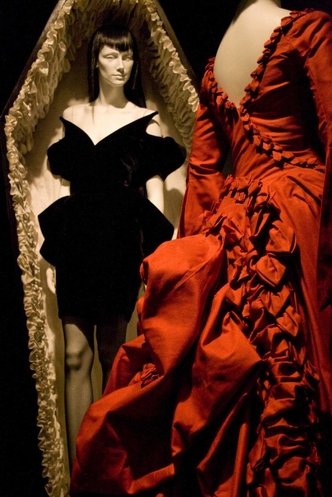 Still of Mina's red dress from "Bram Stoker's Dracula" in the MFIT exhition "Gothic Fashion"
