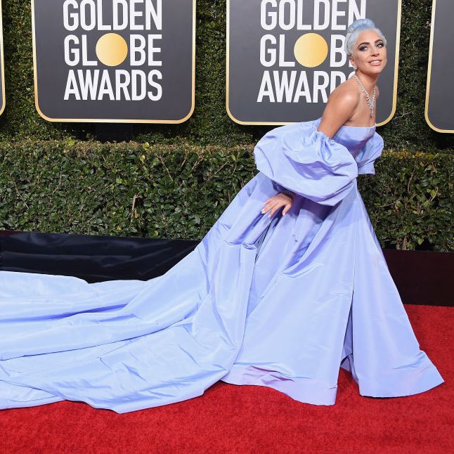 Lady Gaga in lavender gown at Golden Globes red carpe