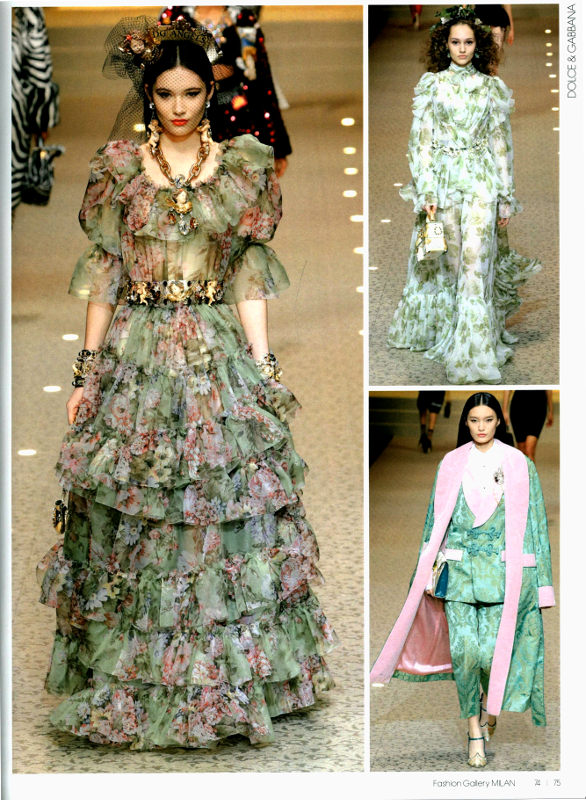 3 fashion runway looks in pale green and pink