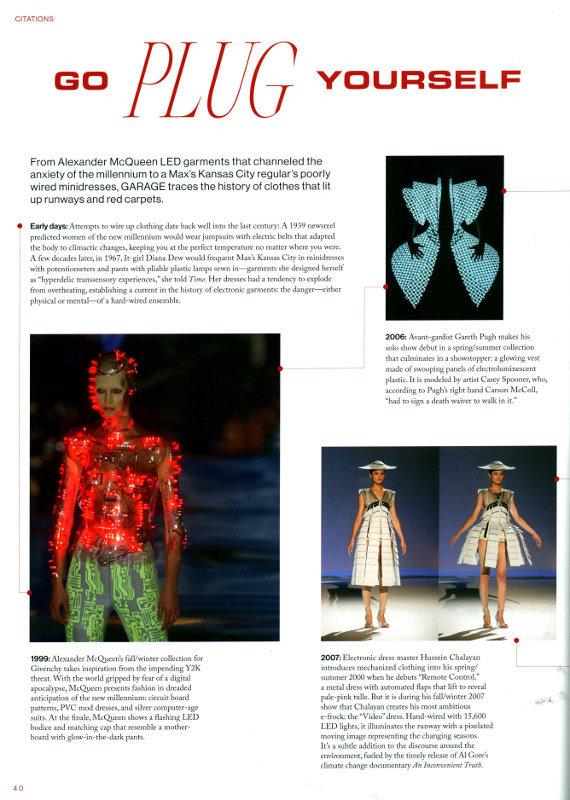 Page offers brief history of LED use in garments, with runway photos of designer uses.