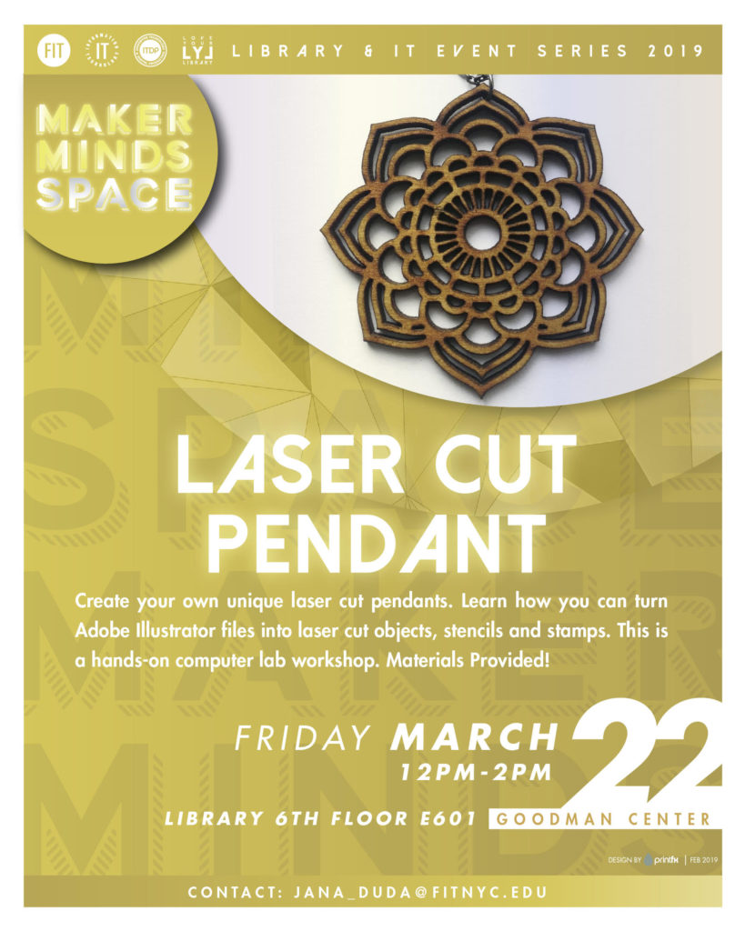 flyer advertising library event march 22 2019, to laser cut a pendant